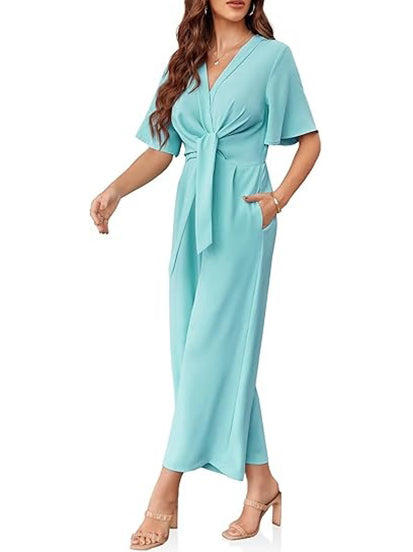 Women's Chic Tie-Front V-Neck Short Sleeve Jumpsuit