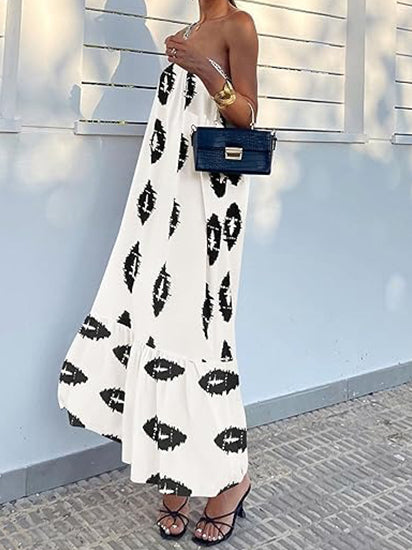 One-Shoulder Printed Flowy Boho Beach Vacation Maxi Dress