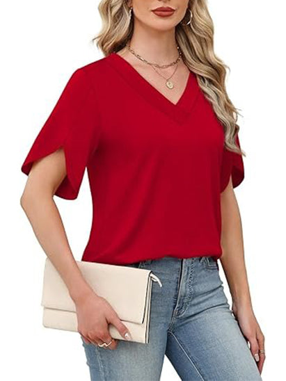 Women's V Neck Petal Short Sleeve Tops