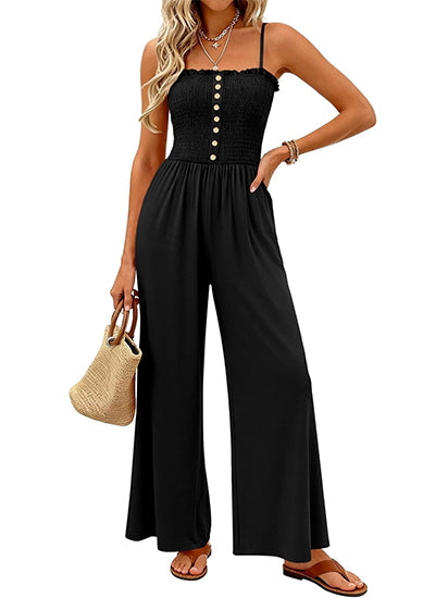 Women's Smocked Bustier Wide Leg Jumpsuit with Pockets