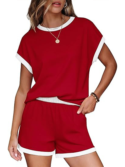 Women's Contrast Trim Crew Neck 2 Piece Short Set
