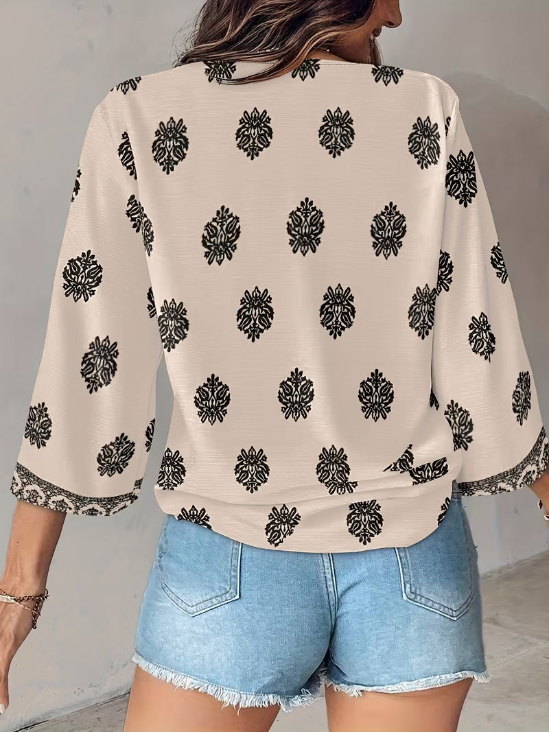 Bohemian Print V-Neck 3/4 Bell Sleeve Top
