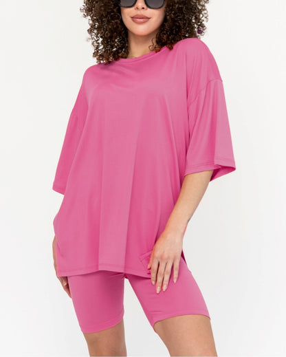 Women's Oversized Solid Biker Short Set