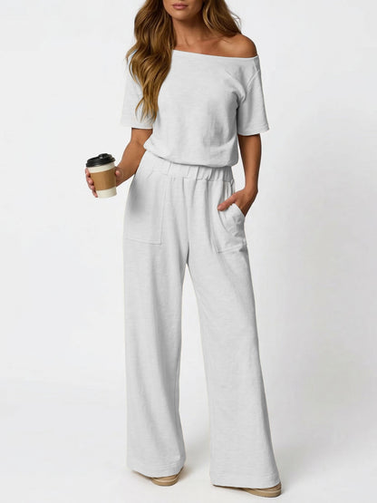 Women's Off Shoulder Cutout Back Wide Leg Jumpsuit