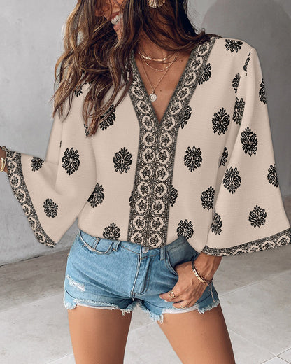 Bohemian Print V-Neck 3/4 Bell Sleeve Top