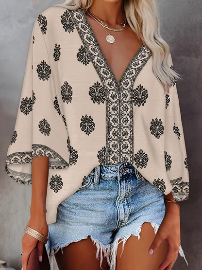 Bohemian Print V-Neck 3/4 Bell Sleeve Top
