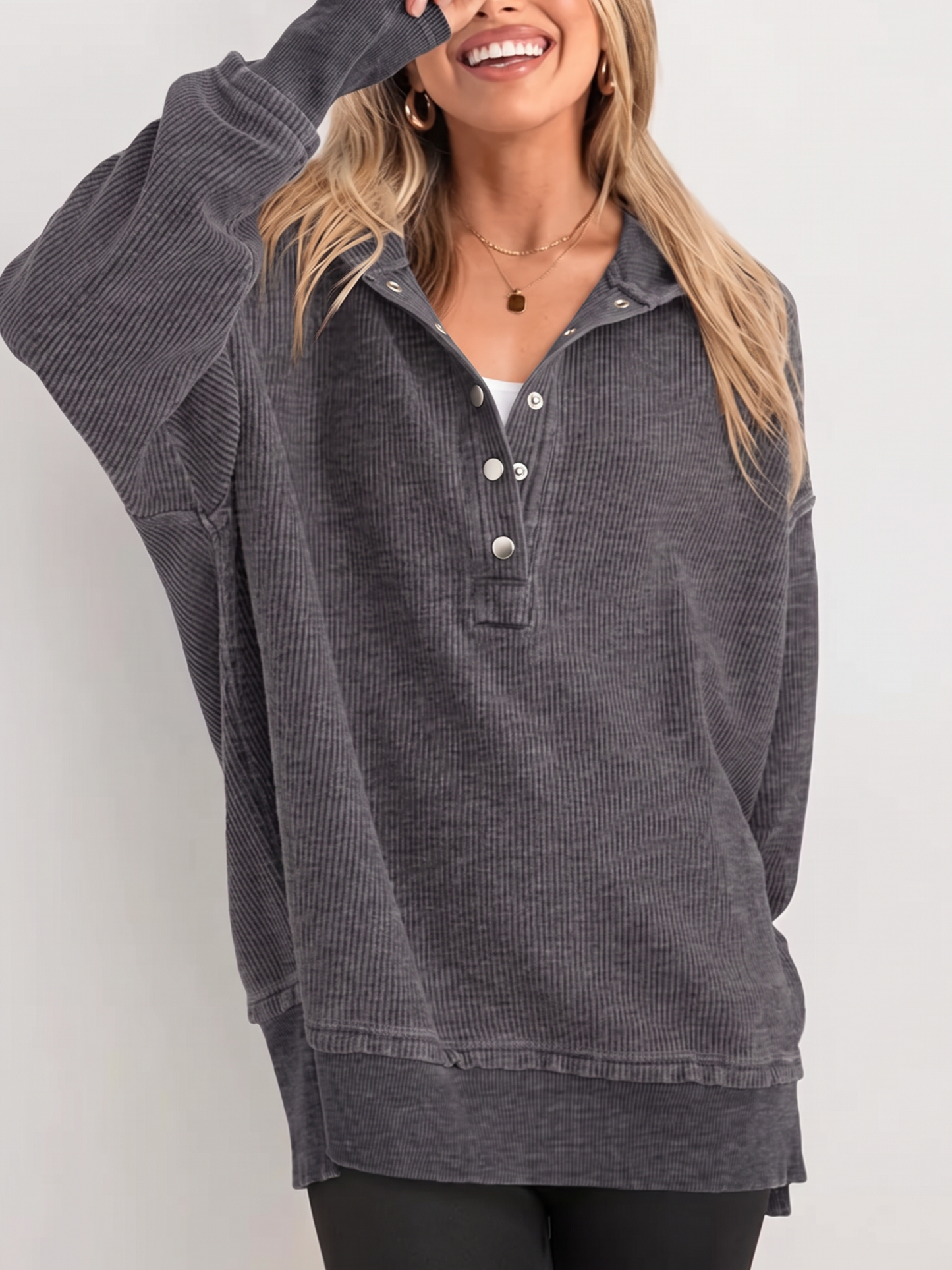 Women's Fashion Long Sleeve Button Up V Neck Hoodie