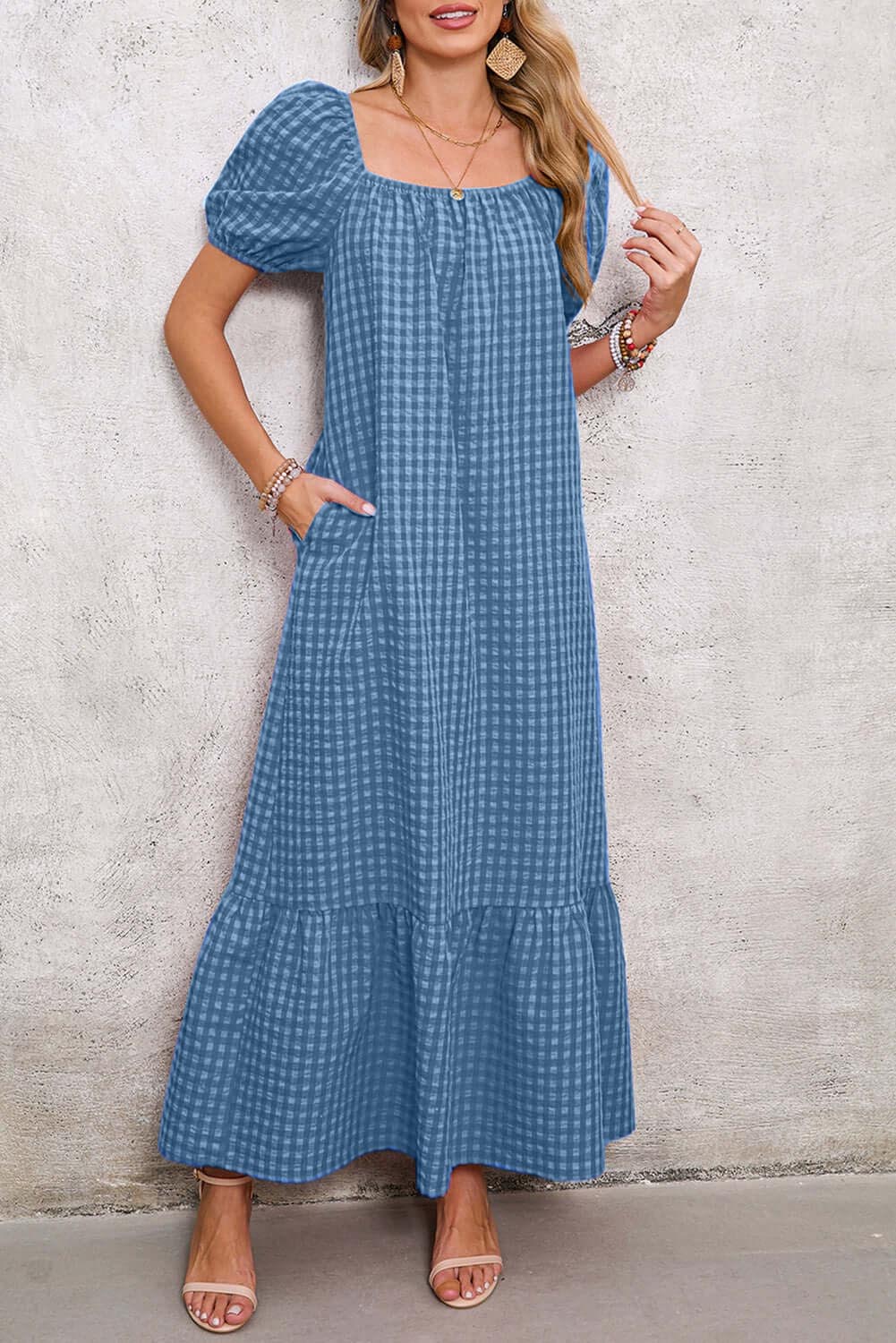 Women's Square Neck Puff Sleeve Plaid Maxi Dress