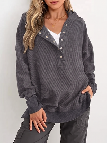 Women's Fashion Long Sleeve Button Up V Neck Hoodie