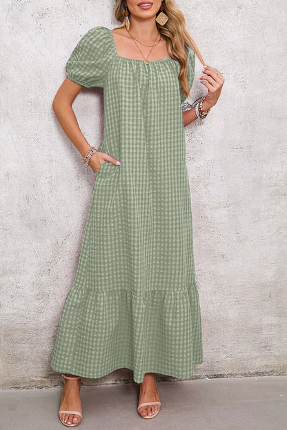 Women's Square Neck Puff Sleeve Plaid Maxi Dress