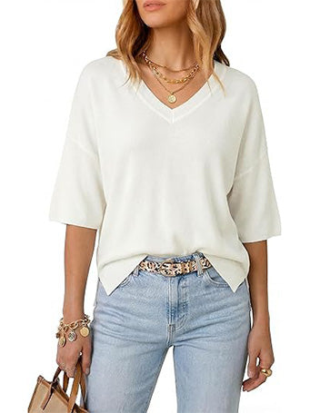 Women's V-Neck Elbow Sleeve Wool Blend Oversized Sweater