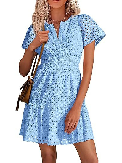 Women's V Neck Smocked Waist Eyelet Dress