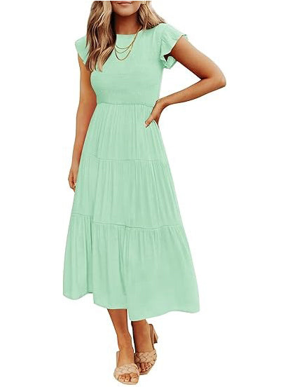 Women's Smocked Tiered Flutter Sleeve Midi Dress