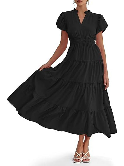 Women's Casual Ruffle V-Neck Smocked Waist Midi Dress