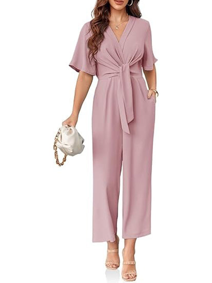 Women's Chic Tie-Front V-Neck Short Sleeve Jumpsuit