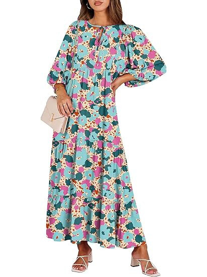 Women's Puff Sleeve Smocked Ruffle Boho Maxi Dress
