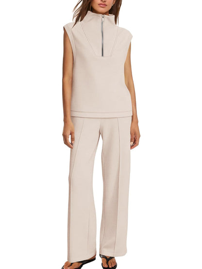 Women's Sleeveless Half Zip Top & Wide Leg Pants Set
