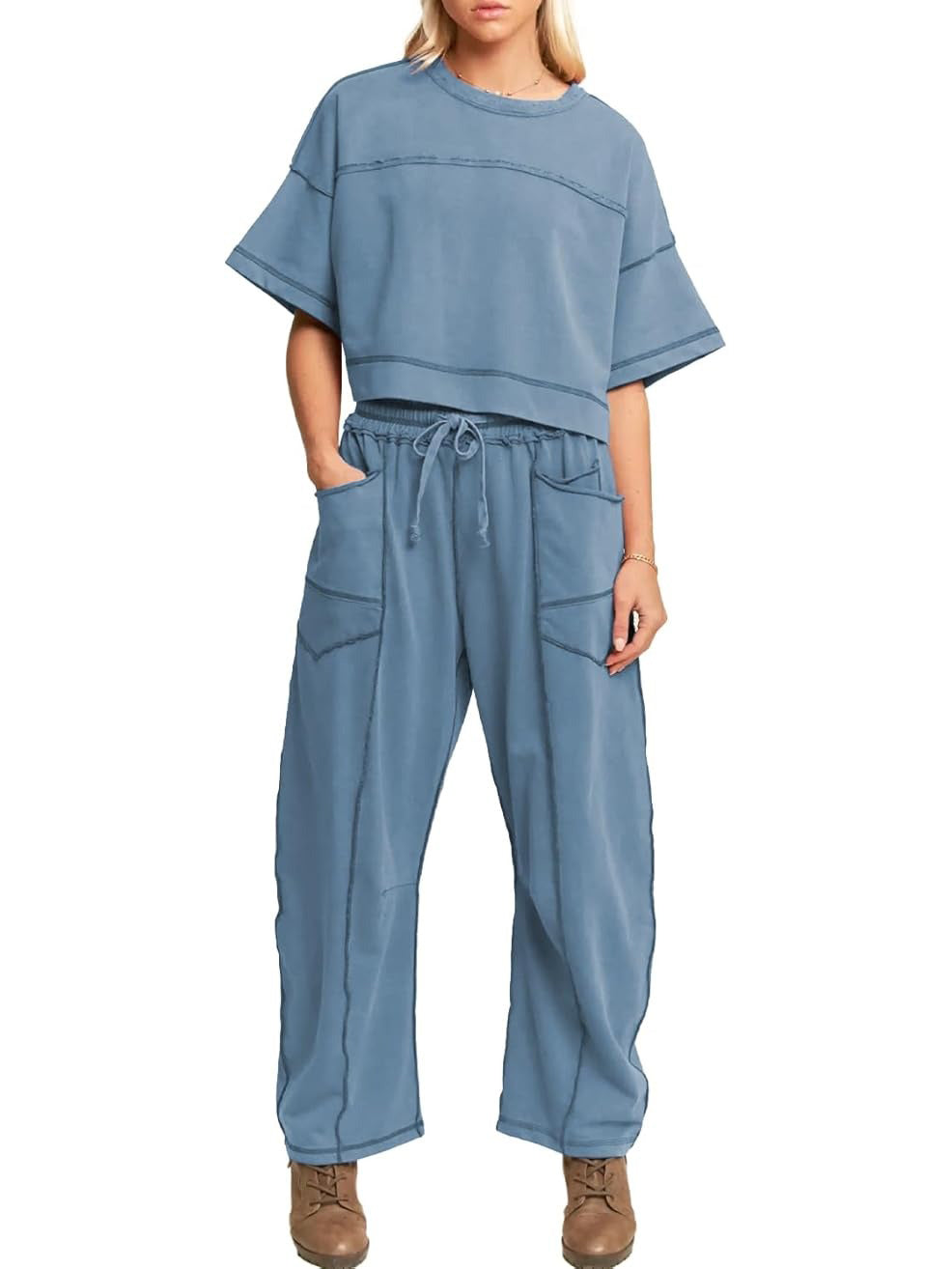 Women's Two Piece Sweatsuit Set with Cropped Top and Wide Leg Pants