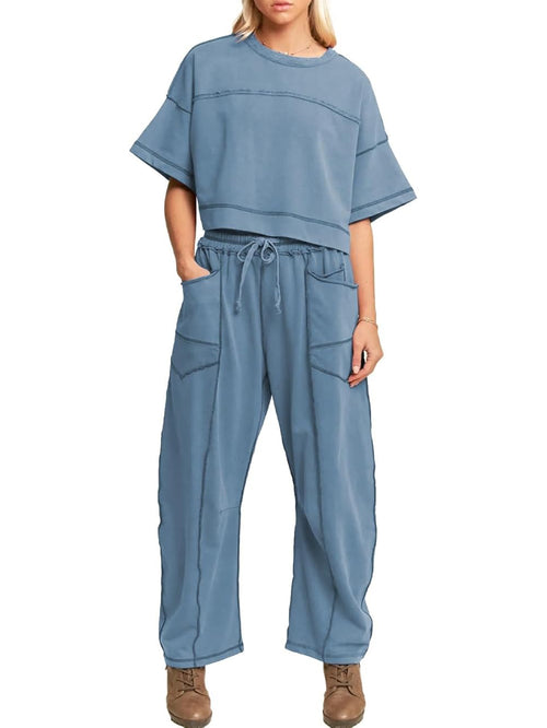 Women's Two Piece Sweatsuit Set with Cropped Top and Wide Leg Pants