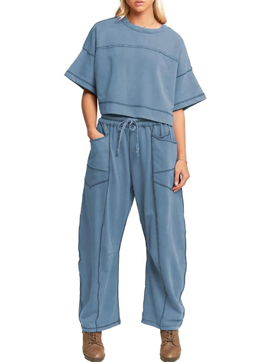 Women's Two Piece Sweatsuit Set with Cropped Top and Wide Leg Pants
