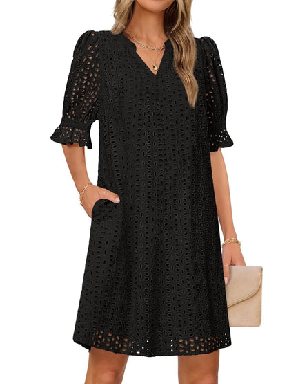 Flounce Sleeve Eyelet Tunic Dress for Women