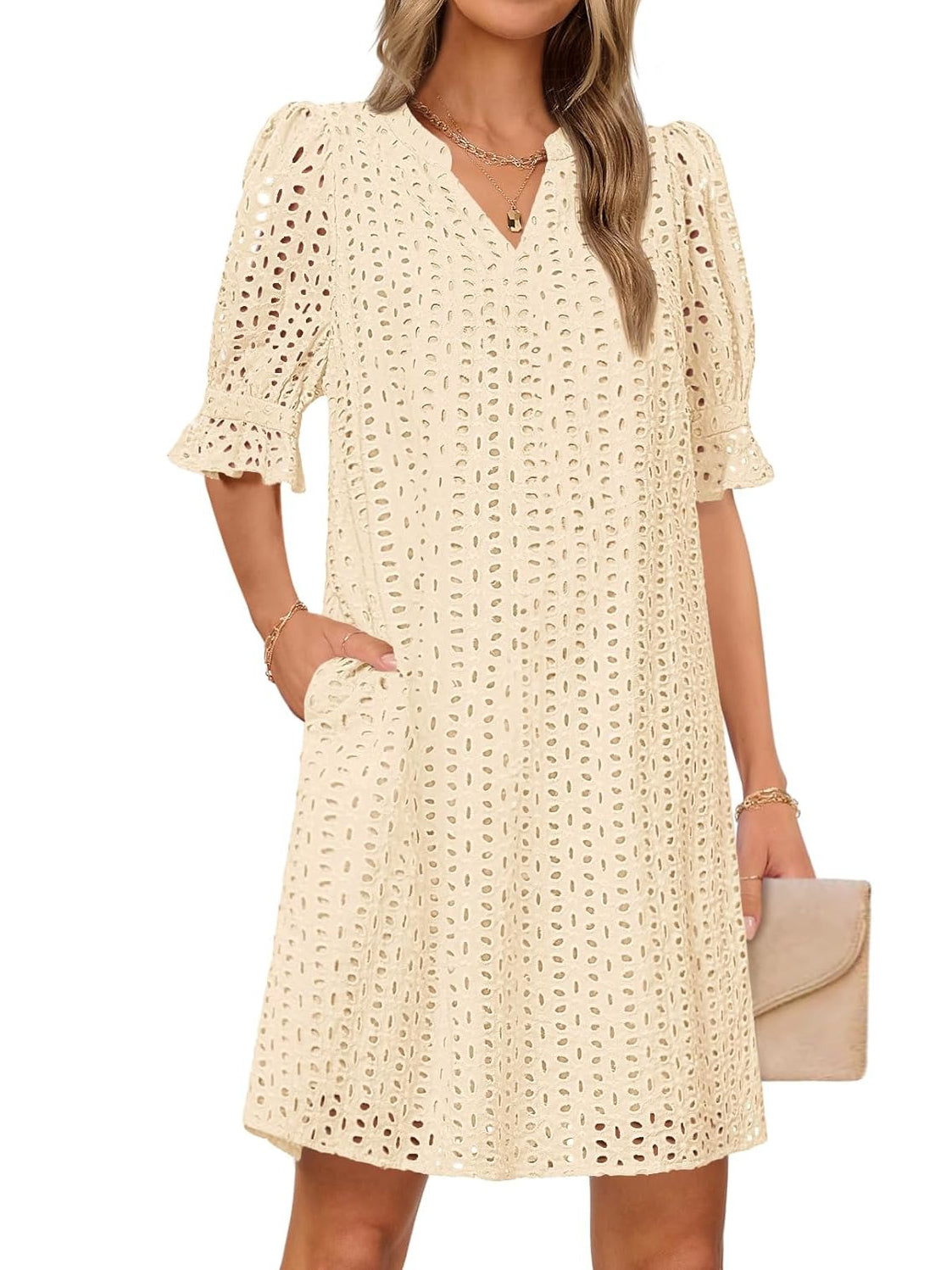 Flounce Sleeve Eyelet Tunic Dress for Women