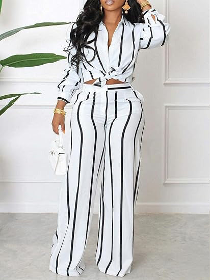 Women's Casual Striped Long Sleeve Two Piece Outfit