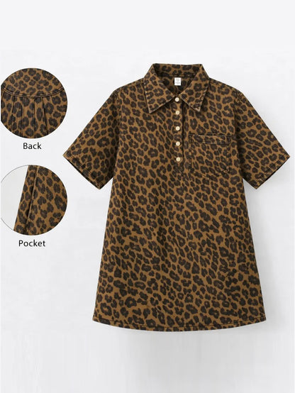 Leopard Print Half-Button Down Tunic Dress with Pocket