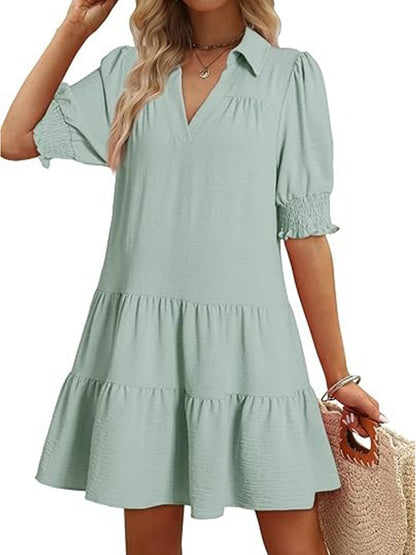 Women's Collared Short Sleeve Tiered Midi Dress