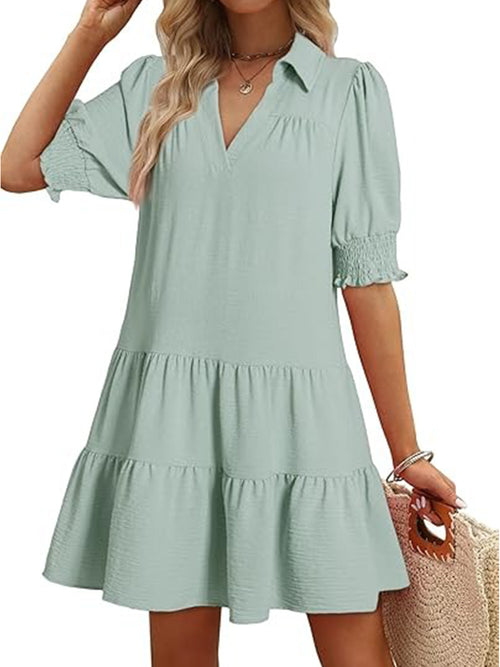 Women's Collared Short Sleeve Tiered Midi Dress