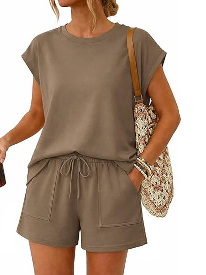 Women's 2-Piece Crew Neck Cap Sleeve Short Set with Pocket