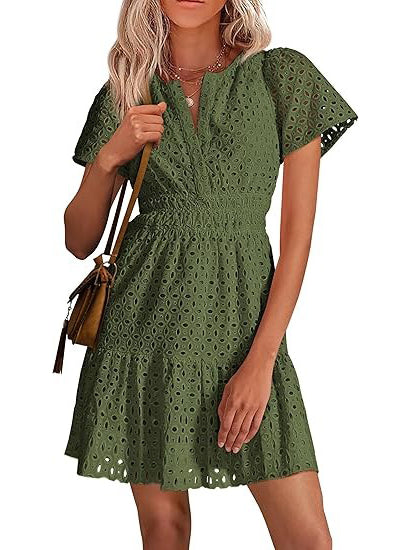 Women's V Neck Smocked Waist Eyelet Dress