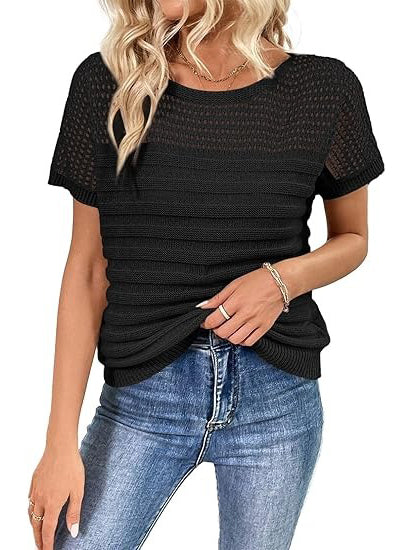 Women's Crew Neck Hollow Out Knit Tops