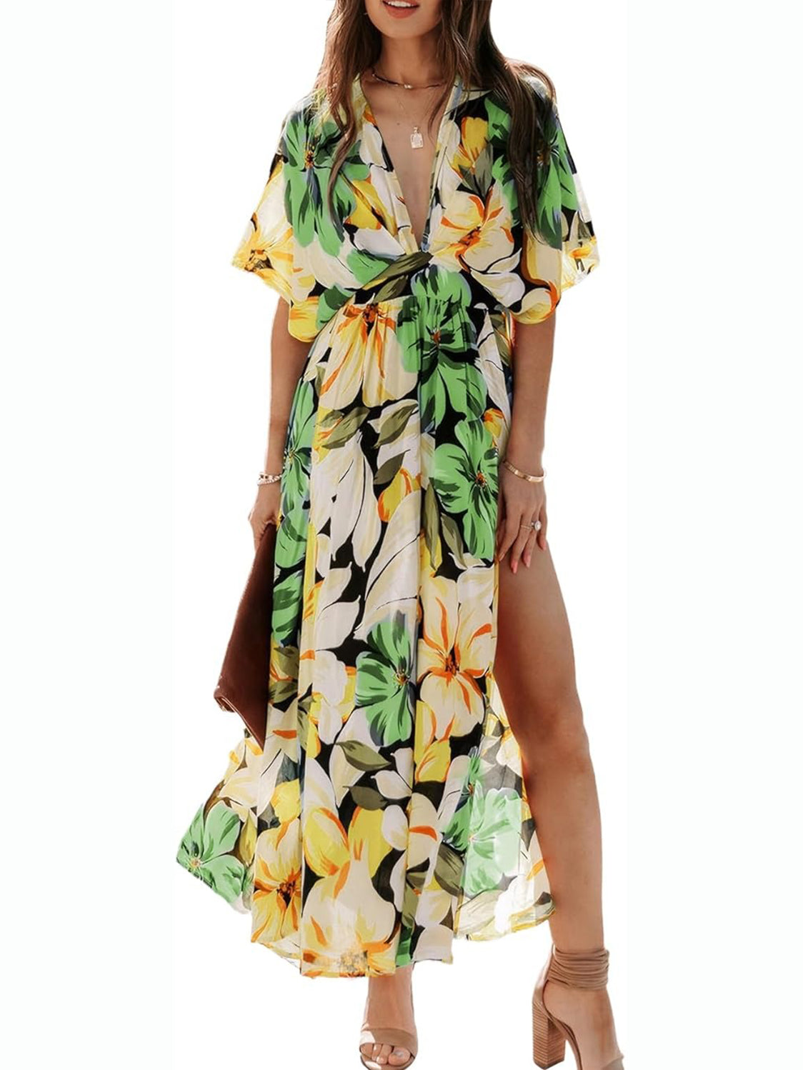 Women's A-Line Floral Print Deep V Neck Maxi Dress