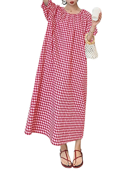 Women's Casual Gingham Puff Sleeve Maxi Dress