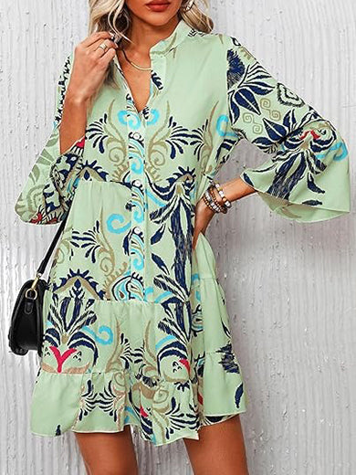 Women's 2026 Boho Babydoll Dress with 3/4 Ruffle Sleeves