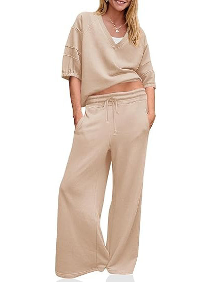 Women's 2 Piece Casual V-Neck Wide Leg Outfit