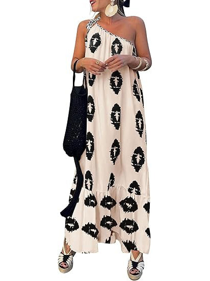 One-Shoulder Printed Flowy Boho Beach Vacation Maxi Dress