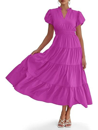 Women's Casual Ruffle V-Neck Smocked Waist Midi Dress