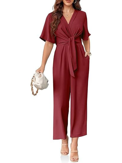 Women's Chic Tie-Front V-Neck Short Sleeve Jumpsuit