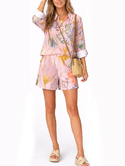 Women's Summer Tropical Print Shirt and Shorts Set