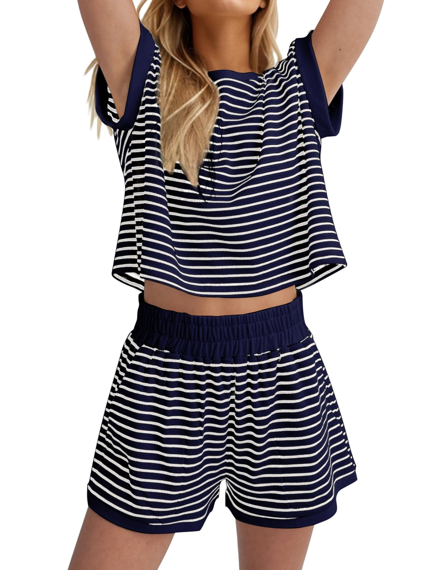 Women's 2 Piece Ribbed Striped Short Sets