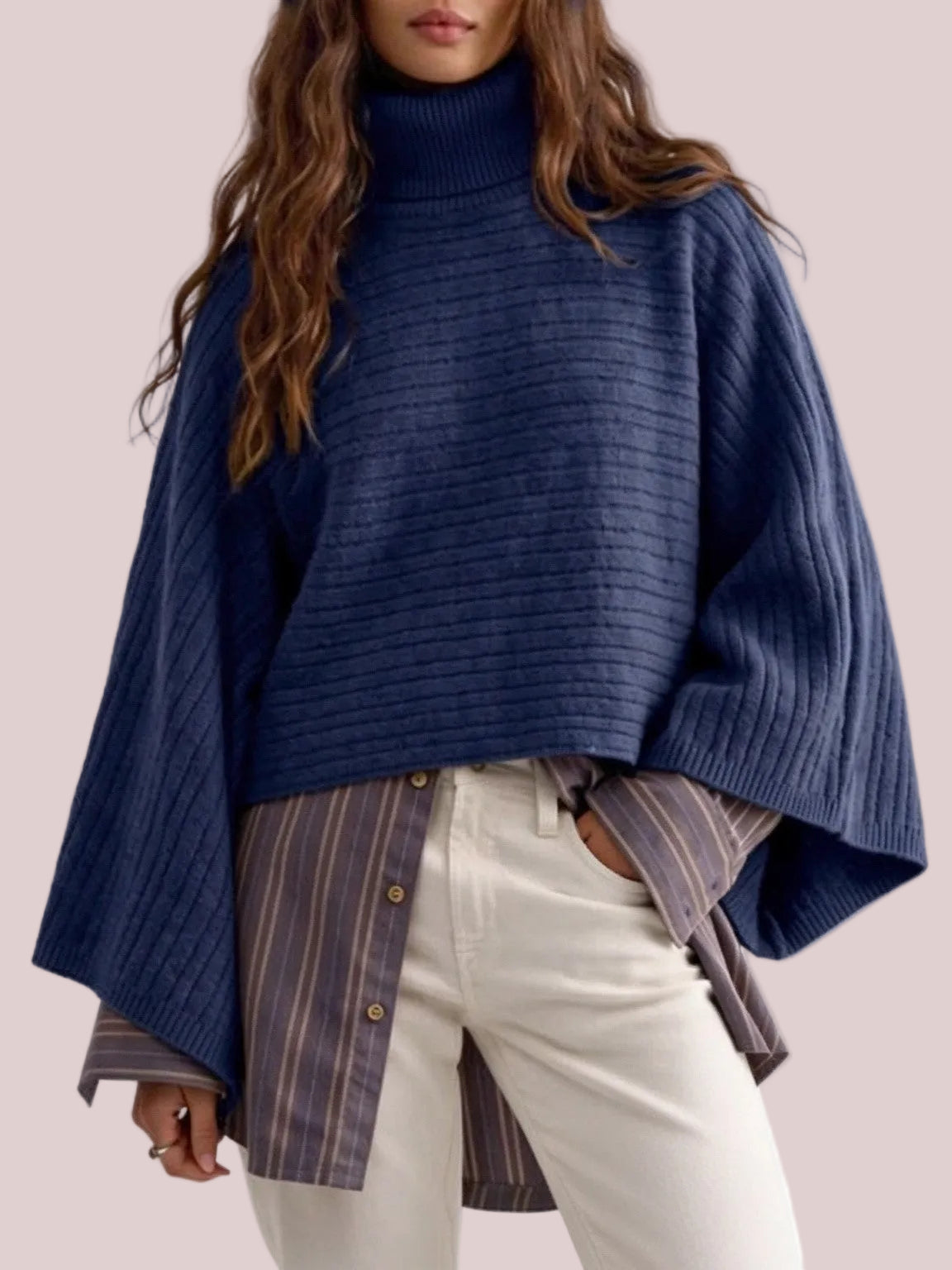 Women's Turtleneck Batwing Sleeve Knit Poncho Sweater