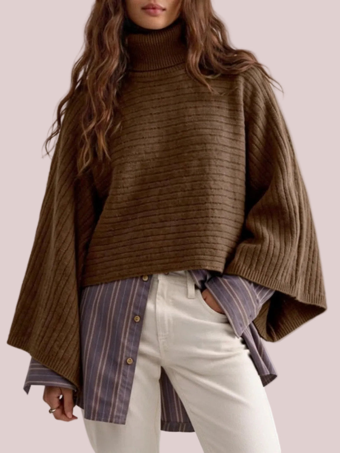 Women's Turtleneck Batwing Sleeve Knit Poncho Sweater