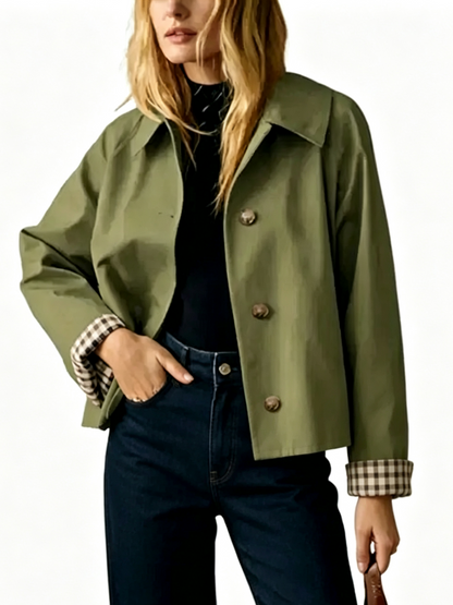 Women's Cropped Trench Jacket With Plaid Cuff Lining