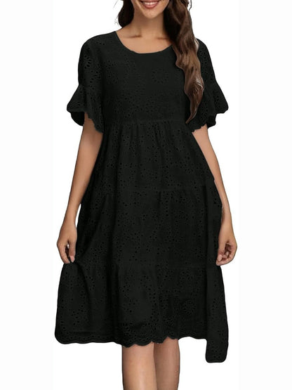 Eyelet Flutter Sleeve Tiered Midi Dress