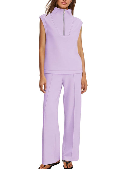 Women's Sleeveless Half Zip Top & Wide Leg Pants Set