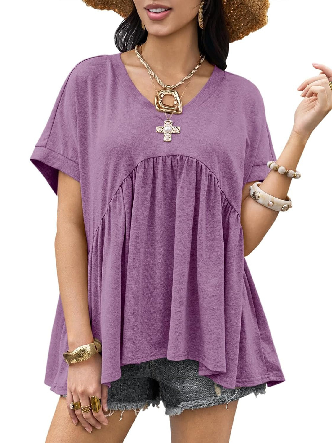 Women's V-Neck Pleated Swing Peplum Babydoll T-Shirt