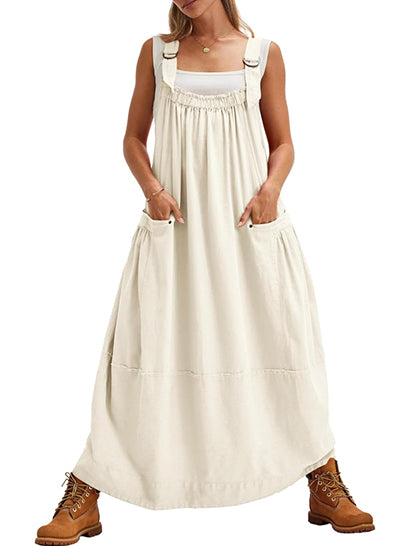 Adjustable Strap Barrel Overall Dress with Pockets