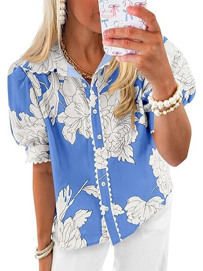 Women's Puff Sleeve Floral Print Button Down Shirts